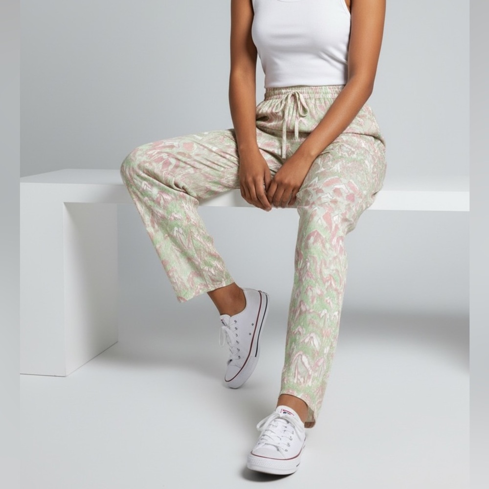 NWT Anthropologie Ark Co Boho Lounge Pants Green & Pink Print Silky